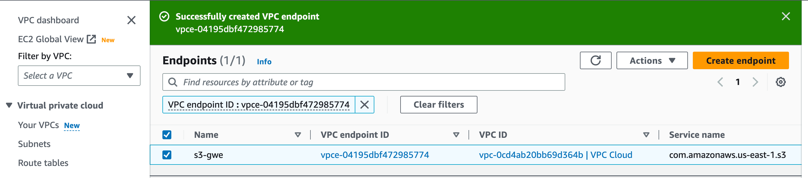 Create a gateway endpoint :: AWS Student Builder Group - Workshop Template